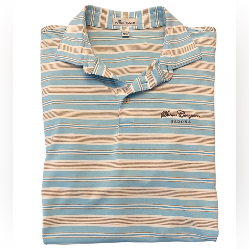 Peter Millar Pinstriped Blue & Tan L Extra Soft Golf Polo